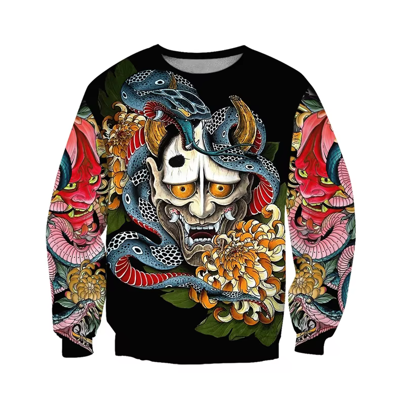 Sweat-shirt imprimé avec masque de mythologie japonaise, vêtements pour hommes, pull de rue Harajuku