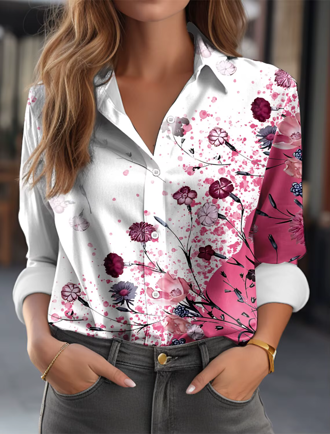 Mode fleurs colorées impression 3D femmes chemises à manches longues dégradé couleur chemisier ample