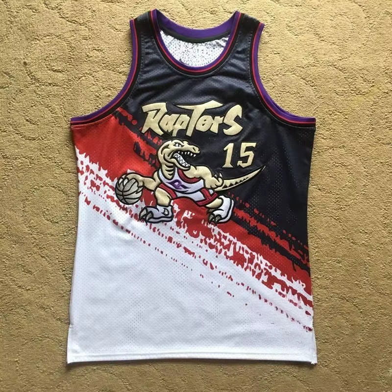 2026 Vintage 15 Vince Carter Dinosaur Shirt Noir et blanc Dégradé rouge Bordure violette Maille sans