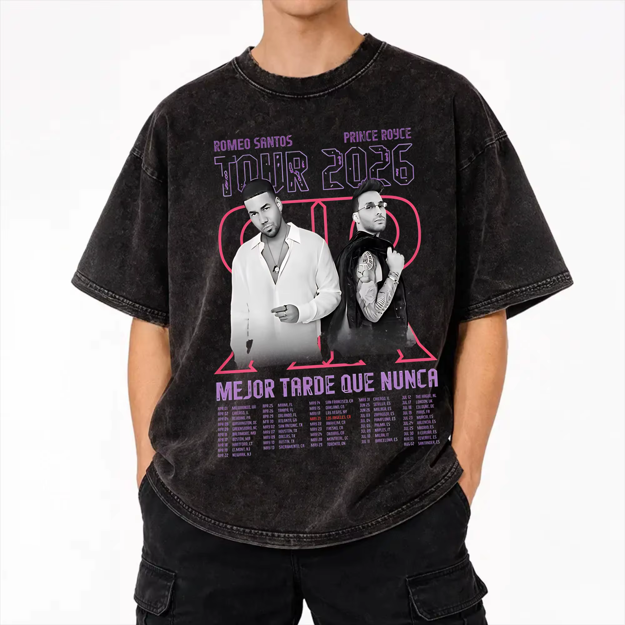 T-shirts Romeo Santos Prince Royce Bltn 2026 Tour, T-shirts Hip Hop à manches courtes lavés, style H