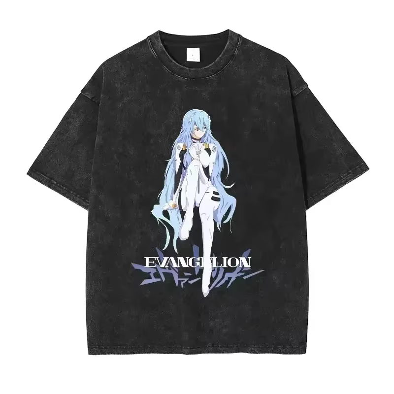 T-shirt Anime Eva pour homme, style vintage délavé, coupe ample, été, t-shirts imprimés à manches co