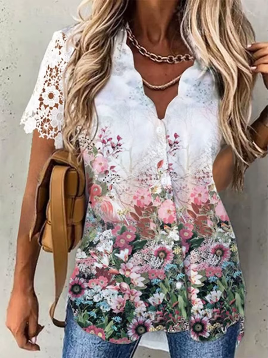 Femmes chemise florale week-end quotidien chemisier fleuri chemise femmes à manches courtes bouton i