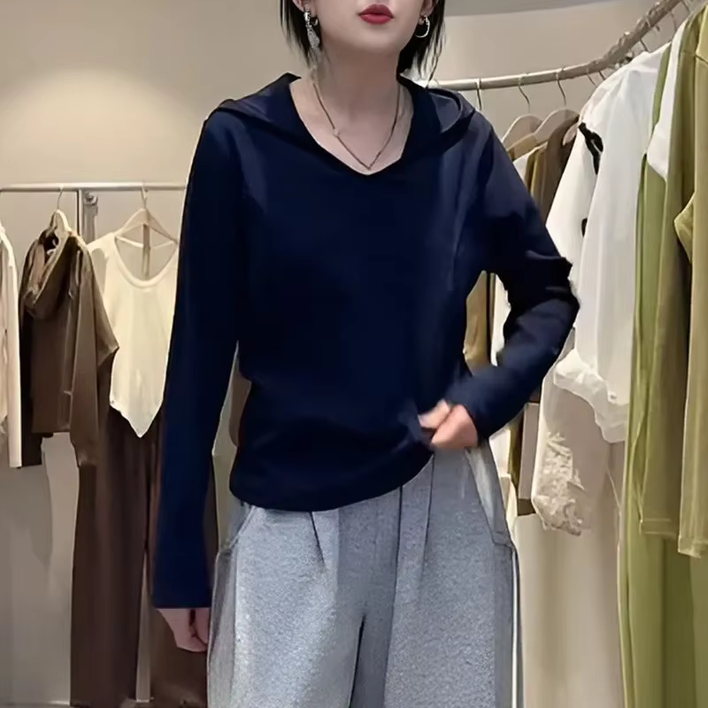T-shirt à capuche à manches longues en arête de poisson pour femmes début d'automne nouveau haut amp