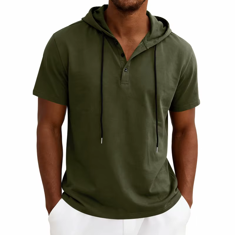 T-shirt d'été à manches courtes pour homme, col Henley, avec cordon de serrage, décontracté, ample, 