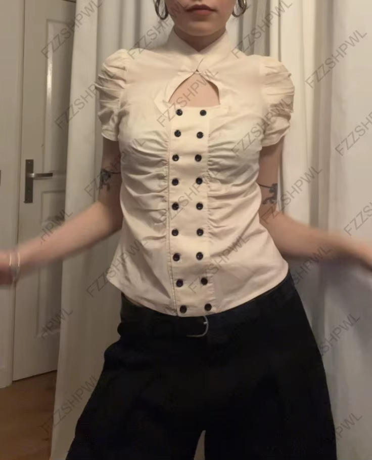 Haut à manches courtes slim fit style gothique punk Y2K, avec dentelle, streetwear, mode urbaine, vê
