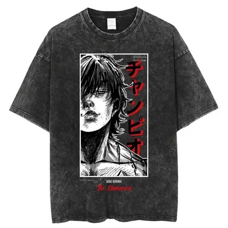 T-shirt graphique Baki Anime Hanma Baki, T-shirt ample à manches courtes en coton lavé pour hommes, 