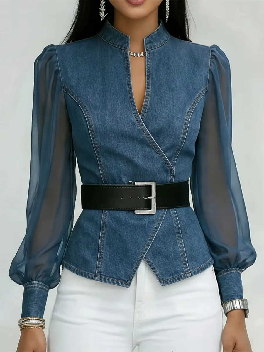 Chemisier de bureau tendance en faux denim, collection Printemps 2026, à manches longues, col en V, 