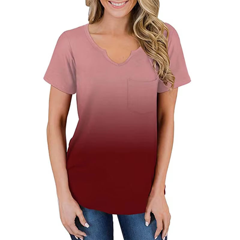 T-shirt ample à manches courtes et col en V pour femmes, haut imprimé tie-dye, poches, Europe et Éta