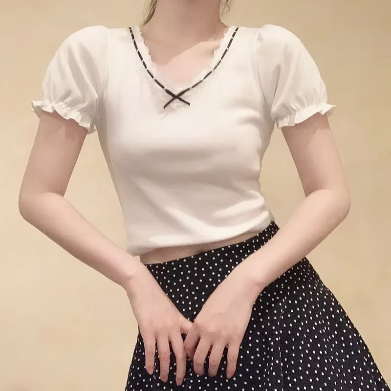 T-Shirt Blanc pour Fille Douce, Garniture en Dentelle de Ruban, Col en V, Manches Bouffantes à Nmini