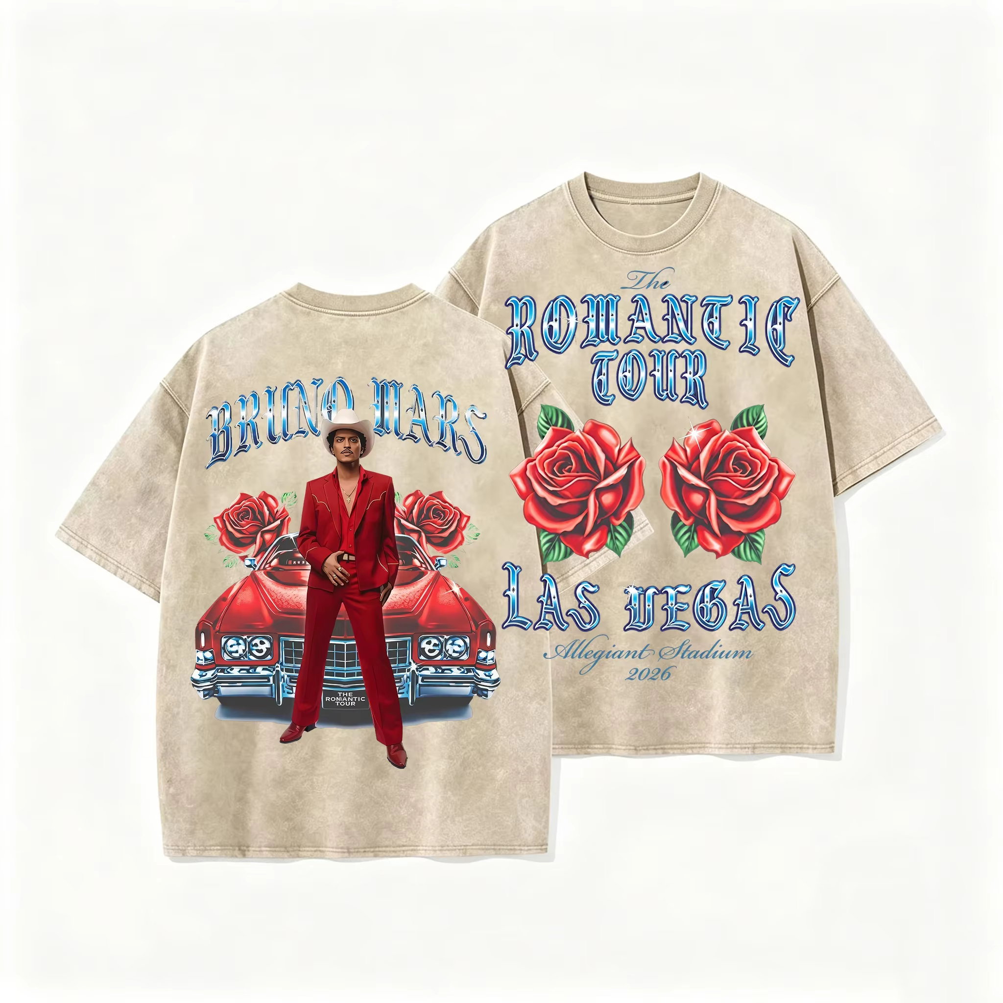 T-shirt vintage délavé Bruno Mars The Romantic Tour Las Vegas 2026, imprimé double face, motif rose,