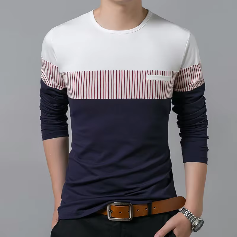 T-shirt en coton à manches longues et col rond pour hommes, t-shirts rayés, patchwork décontracté, c