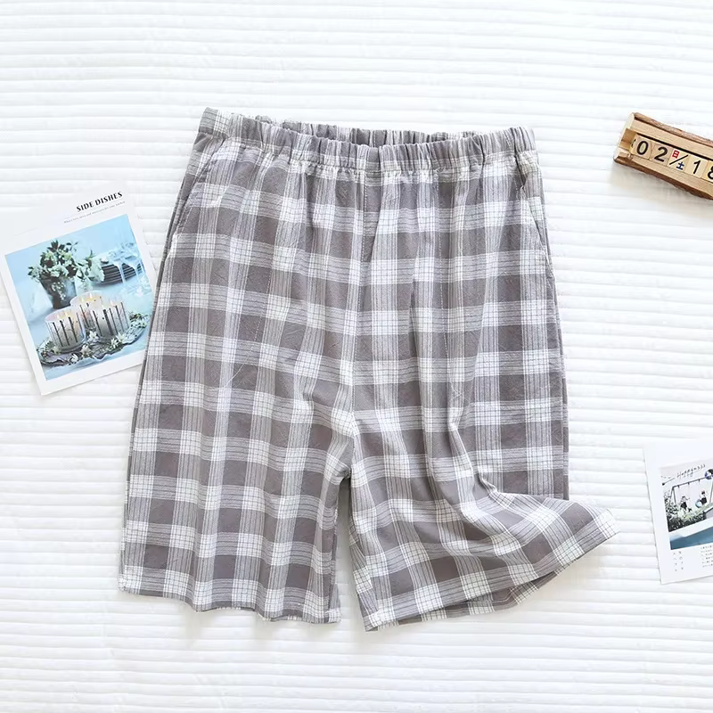Pantalon de pyjama en coton délavé pour hommes, grand short à carreaux, Boxer Simple pour la maison,