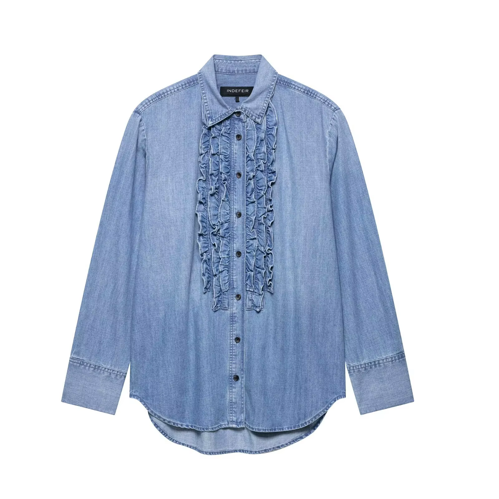 Chemise en jean en dentelle européenne pour femmes, mode rétro bleu, chemises à revers, décontractée