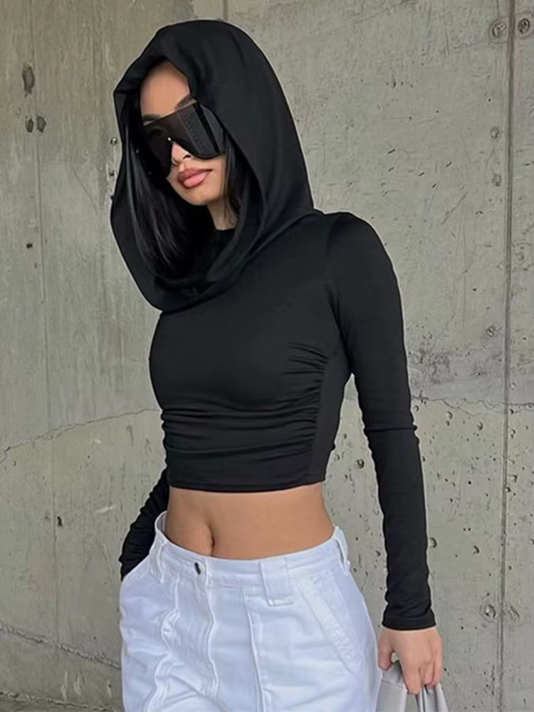 Haut court à capuche pour femmes, couleur unie, manches longues, col bénitier, coupe cintrée, T-Shir