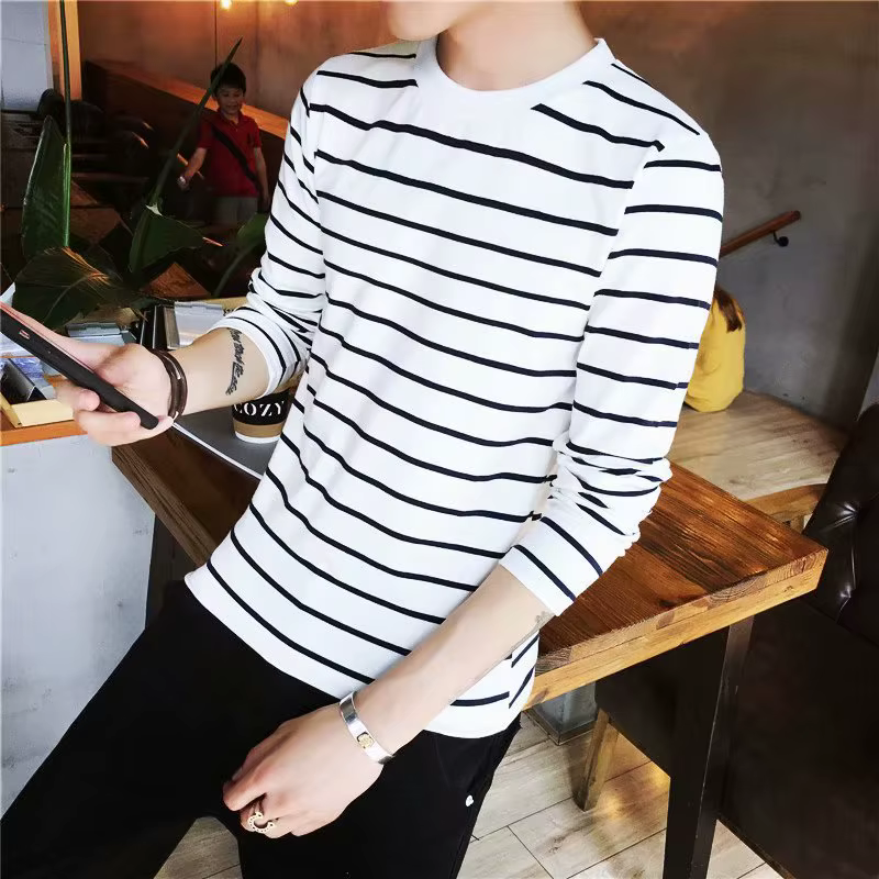 T-shirt à manches longues pour homme, col rond, rayé, coupe ajustée, style coréen, haut décontracté 