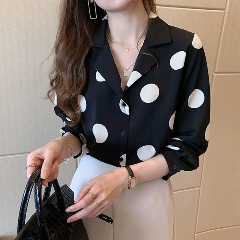 Chemise femme à pois élégant revers boutonné Blouse à manches longues été hauts Vintage décontracté 