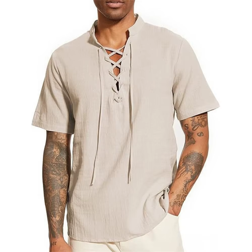 T-shirt Vintage à col en v pour hommes, Design avec cordon de serrage, en coton et lin, couleur unie