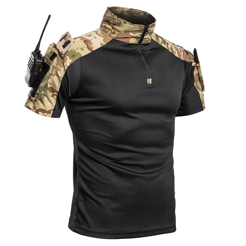 T-shirt tactique de combat pour homme, manches courtes, demi-zip avec poche radio sur le bras, sécha