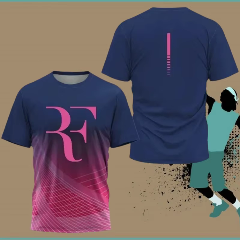 T-shirt de sport de tennis RF Roger Federer, dégradé bleu demi-ton, pour hommes et femmes, à séchage
