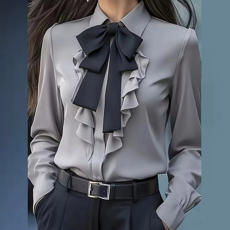 Chemise à nœud élégante pour femmes, chemisier à manches longues avec boutons, à volants, assorti à 