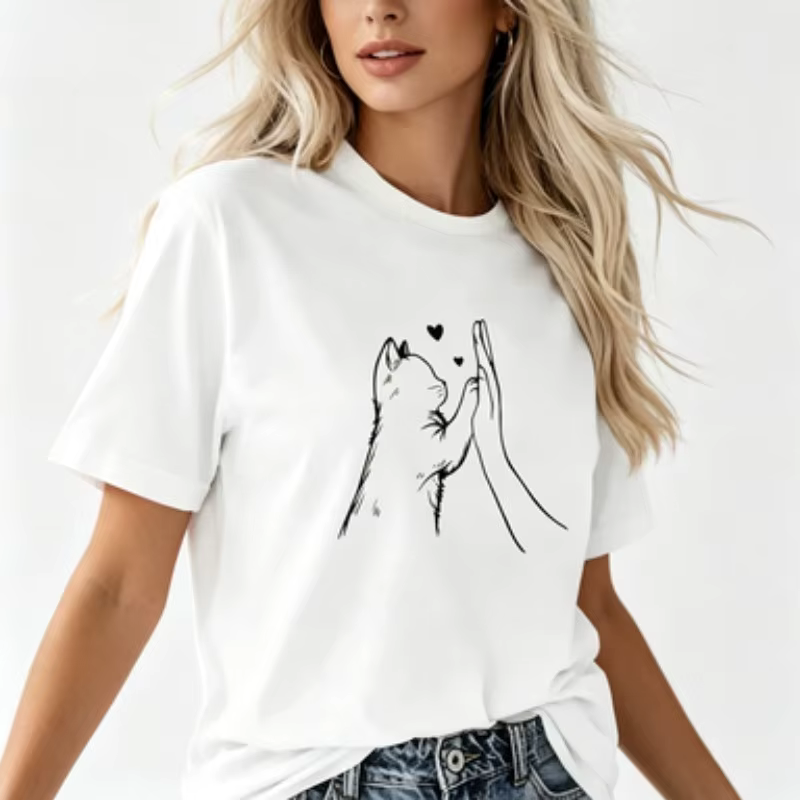 T-shirt, T-shirt graphique avec motif de chat mignon et de main en forme de cœur, haut décontracté b