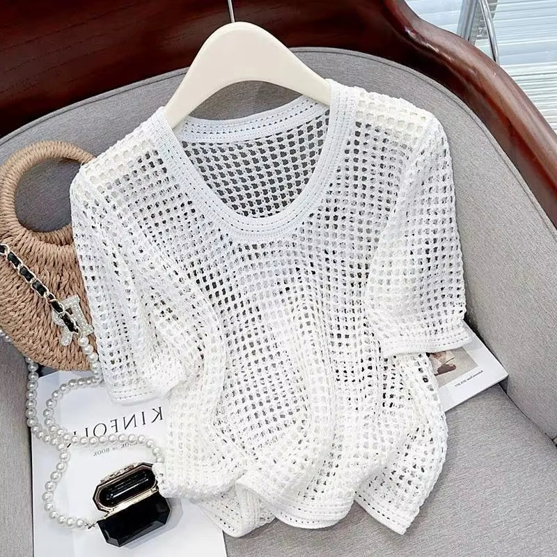 T-shirt en tricot pour femme, été, ajouré, respirant, pull fin, élégant, manches courtes, style coré