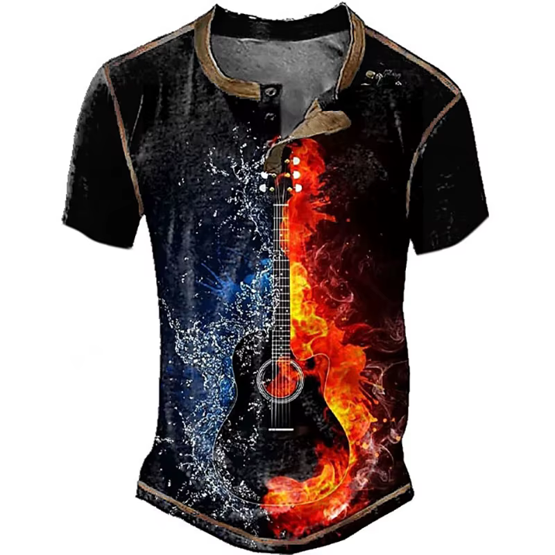 Chemises Henley vintage imprimées en 3D avec motif de guitare, mode masculine, streetwear, t-shirt à
