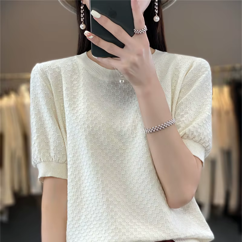 T-shirt d'été 100% coton pour femmes, pull à manches courtes, couleur unie, col rond, hauts pour dam