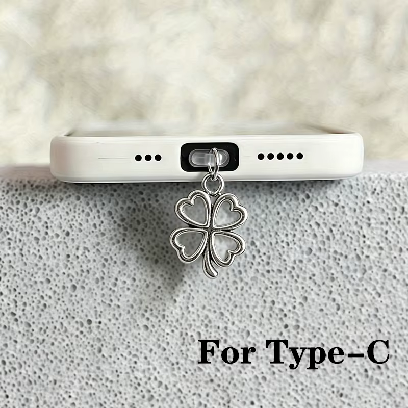Pendentif décoratif anti-poussière en forme de trèfle argenté pour iPhone et Samsung (port de charge