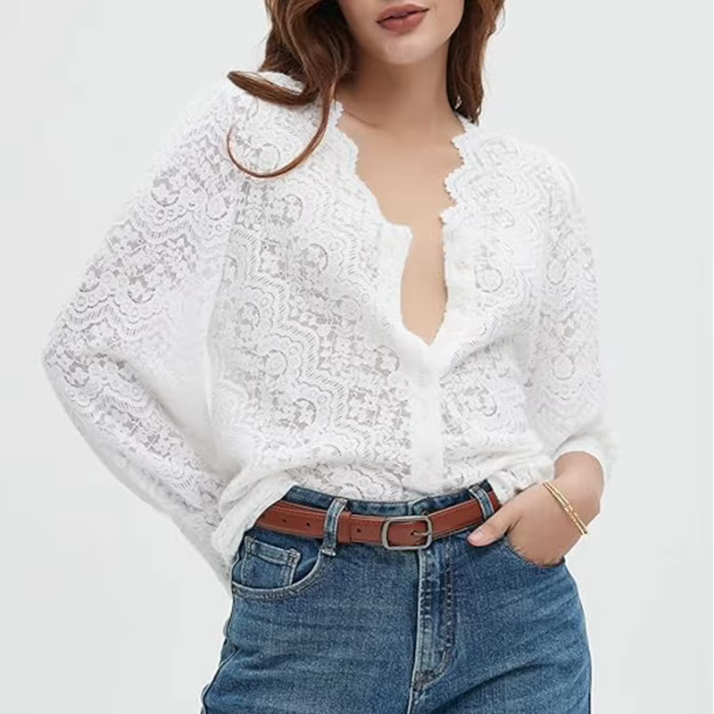 Chemisier en dentelle florale blanche élégante pour femmes, chemises Boho, manches longues, Sexy, co