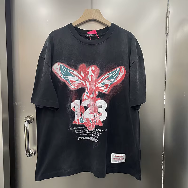 T-shirt en coton épais lavé avec logo imprimé lettres noires RRR-123, pour hommes et femmes, coupe o