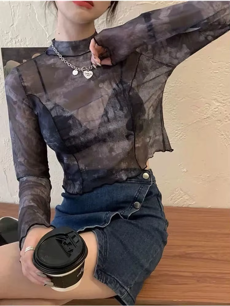 T-shirt à manches longues imprimé tie-dye pour femmes, résistant au soleil, court, mode haute rue, g