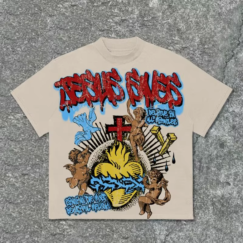 Vintage jésus sauve ange imprimé graphique coton T-Shirt hommes Y2K été manches courtes décontracté 