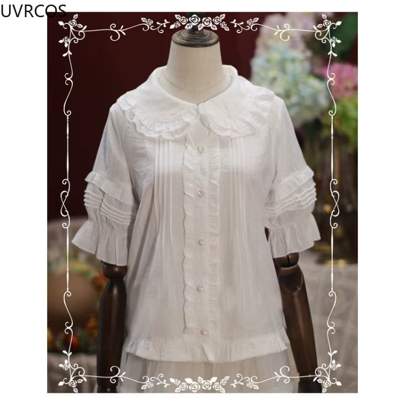 Chemise blanche en dentelle à manches courtes pour femmes, chemisiers Sweet Lolita pour femmes, vête