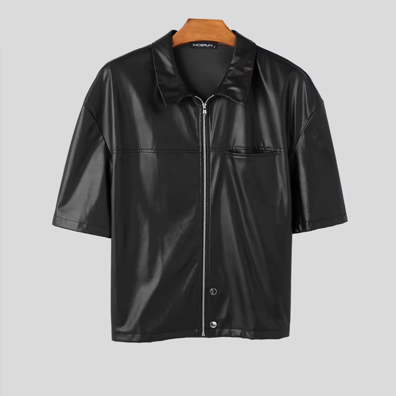 INCERUN couleur unie hommes chemise Faux cuir PU revers manches courtes hommes vêtements fermeture é
