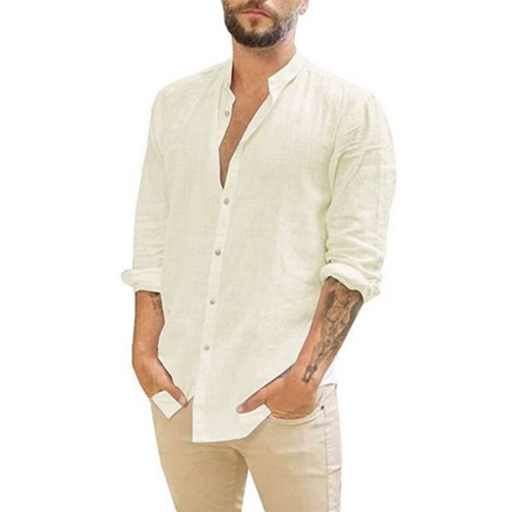 Chemises à manches longues pour hommes, en coton et lin, couleur unie, col montant, décontracté, Sty