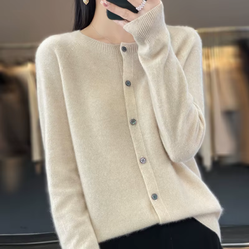 Cardigans en laine mérinos pour femmes, pull en cachemire, col rond, manches longues, tricot, vêteme