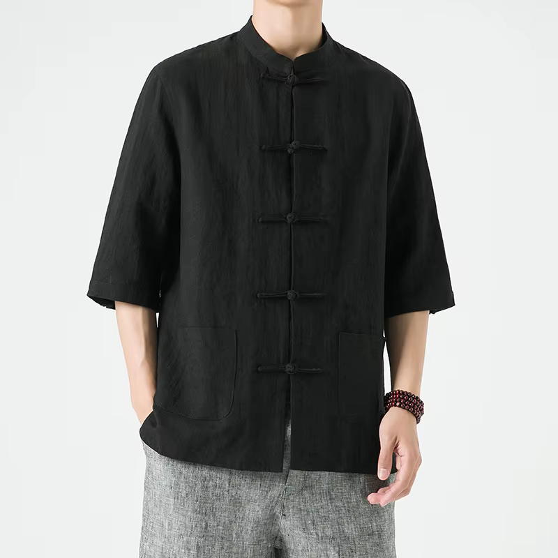 Chemise en lin beige pour homme avec col mandarin et boutons à pression