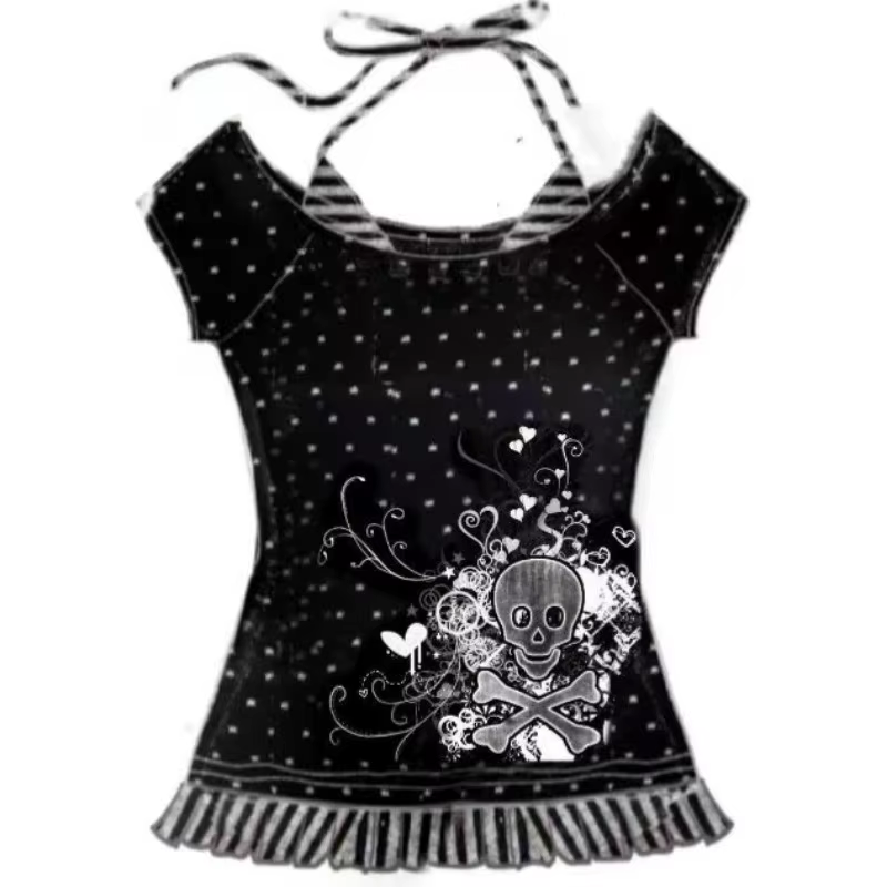 Sous-culture rétro Hottie T-shirts américain Harajuku crâne imprimé t-shirt Punk faux deux à pois T-