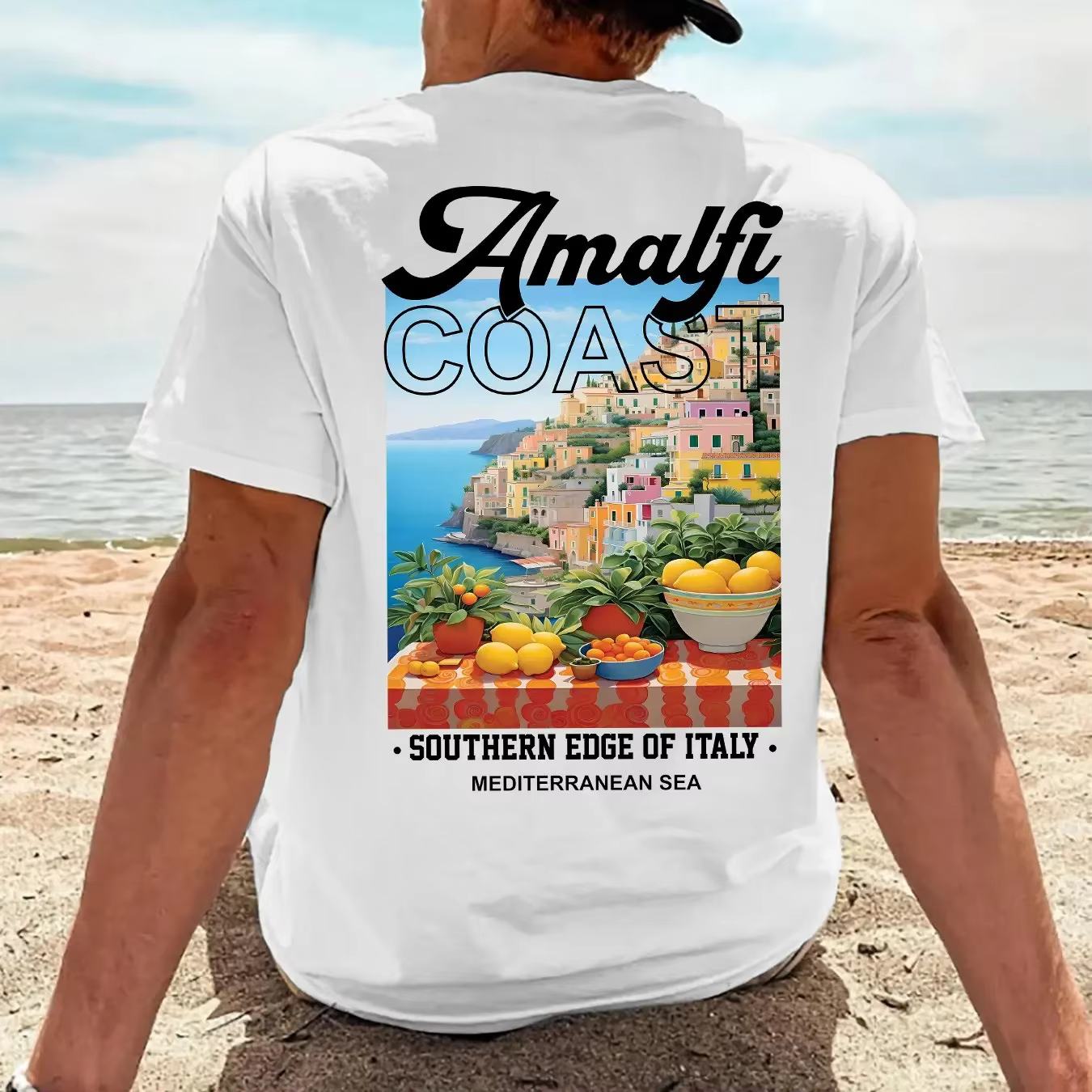 T-shirt pour homme, style italien, côte d'Amalfi, vacances, 100% coton, motif plage d'été, style méd