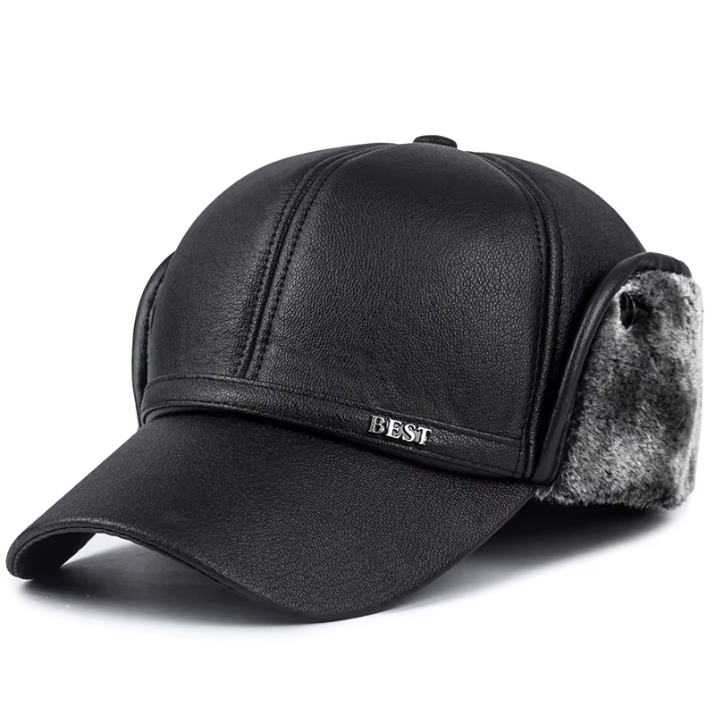 Casquette de baseball en cuir pour hommes, chapeau de protection des oreilles à la mode, chapeau cha