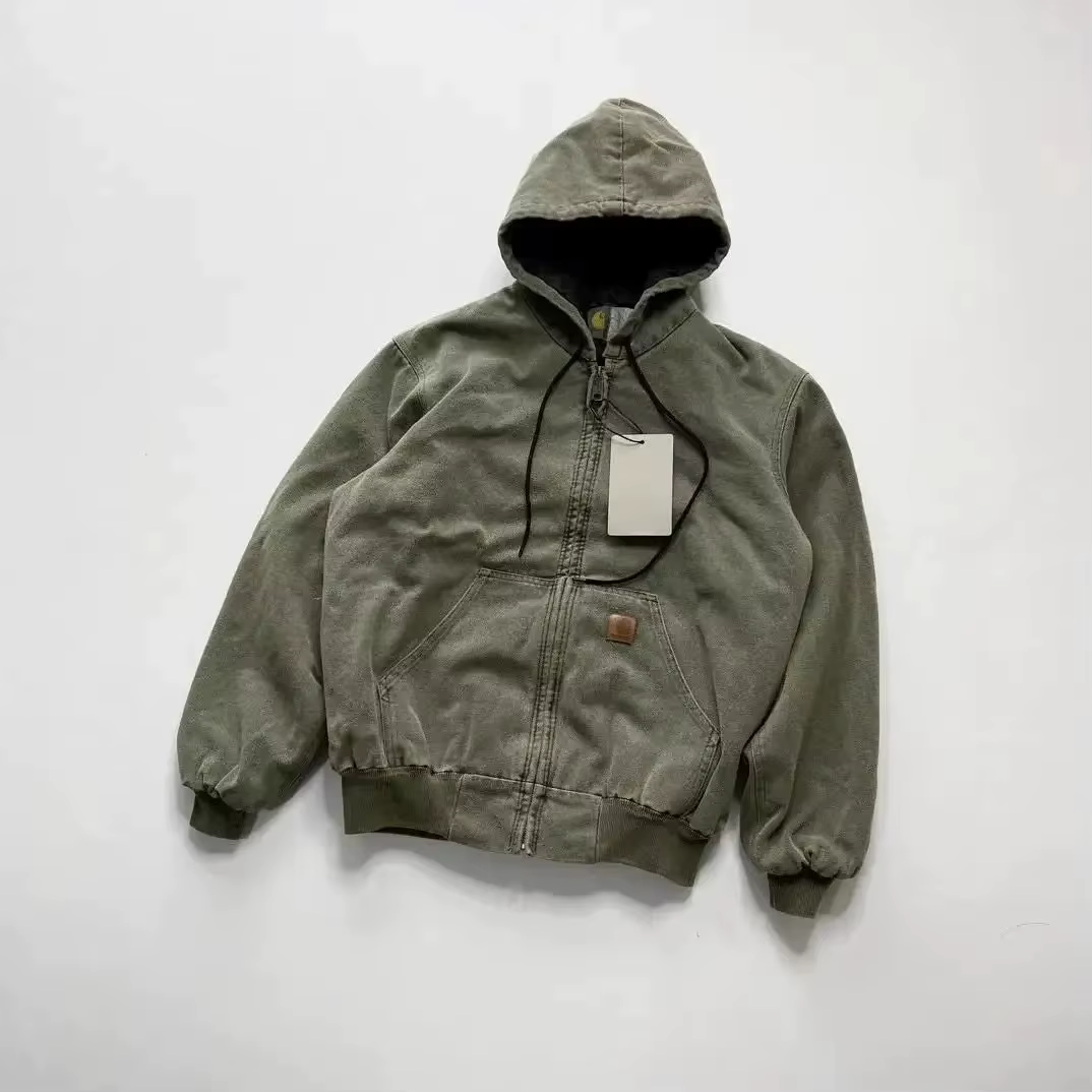 Veste à capuche rétro Carhartt J130 en toile de coton robuste, style Detroit, avec étiquette en cuir