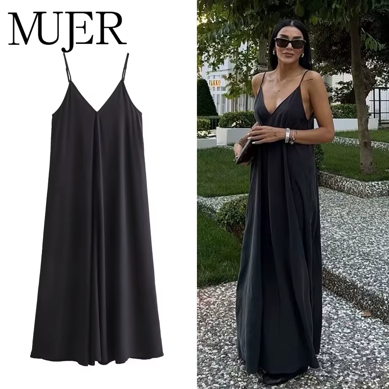 MUJER noir Slip longues robes pour femmes rouge drapé robe d'été femme 2025 Sexy dos nu Maxi robe fe
