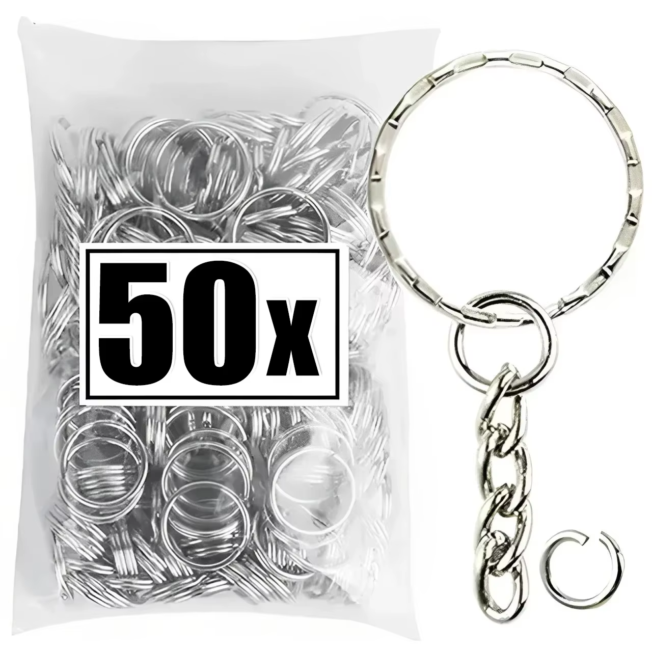 Porte-clés vierge en métal plaqué argent, 50/500 pièces, porte-clés fendus avec chaîne, boucles d'es