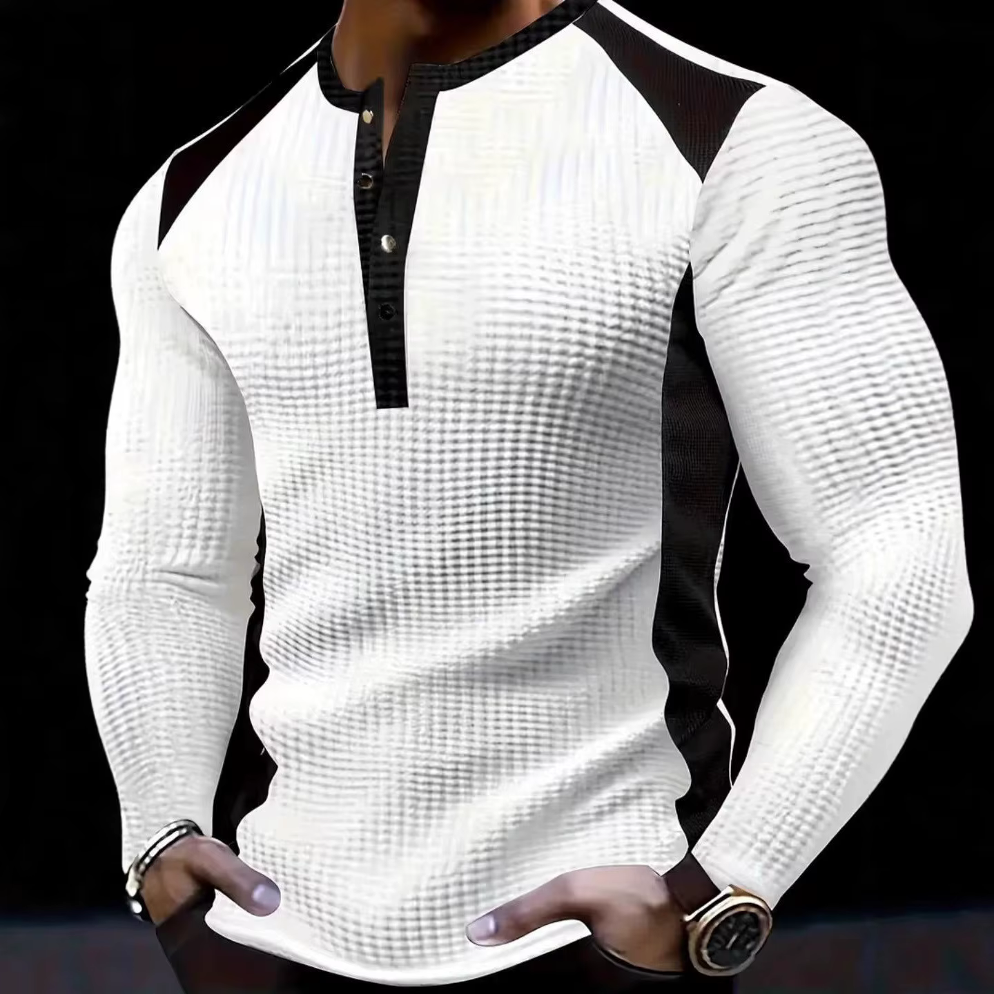 T-shirt à manches longues et col haut pour hommes, chemise Henry à boutons double couleur, motif qua