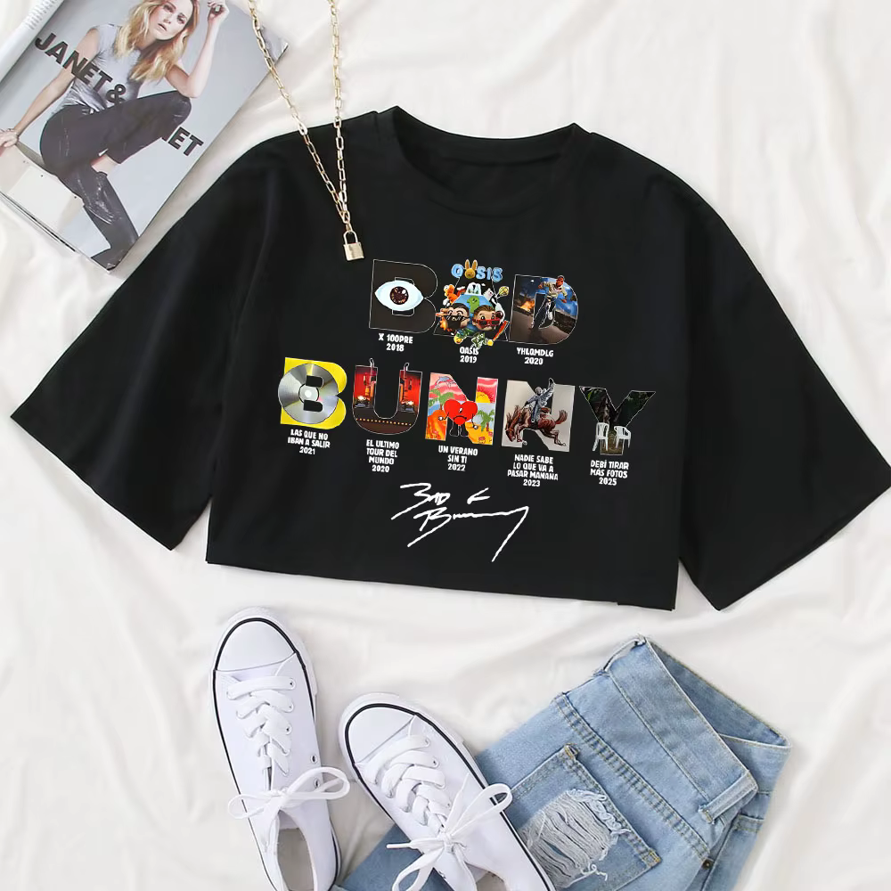 T-shirt DTMF Bad Bunny pour femmes, col rond, manches courtes, crop top, cadeau pour les fans, mode 