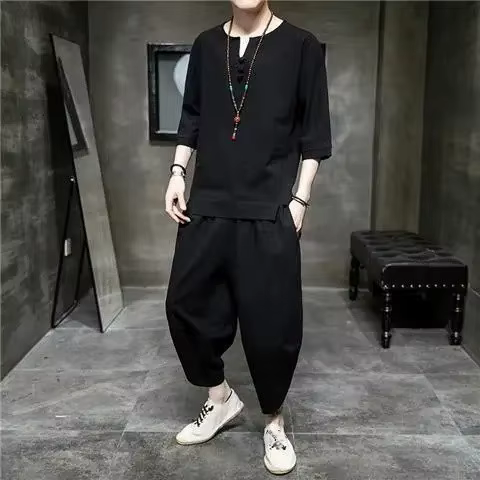 Ensemble 2 pièces T-shirt homme été en chanvre à manches 3/4, style chinois, coton et chanvre, vêtem