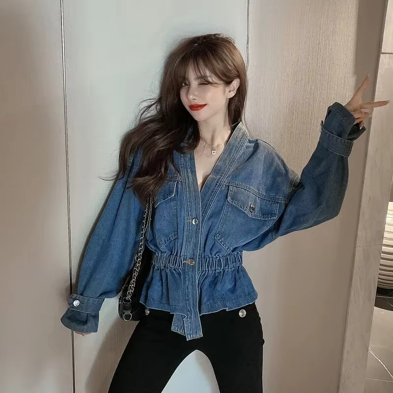 Veste en Jean Plissée à Col en V pour Femme, Manteau Slim, Mode Coréenne, Chemise Irrégulière Person