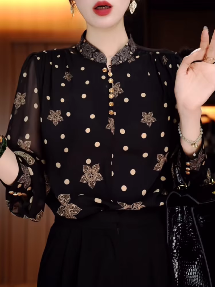Chemise pull à manches longues et col montant, imprimé pétales à pois, à la mode et élégante, nouvea