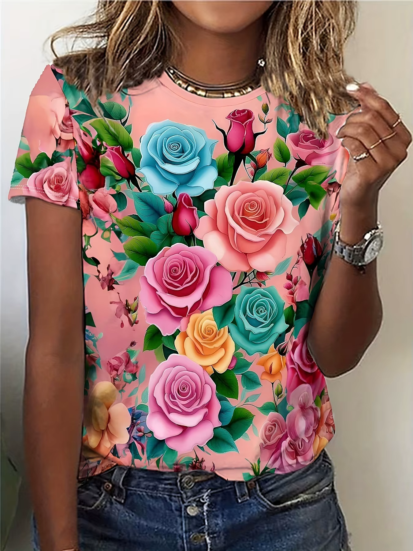 T-shirt rose pastel pour femme - Motif graphique rose multicolore vibrant, design floral audacieux p